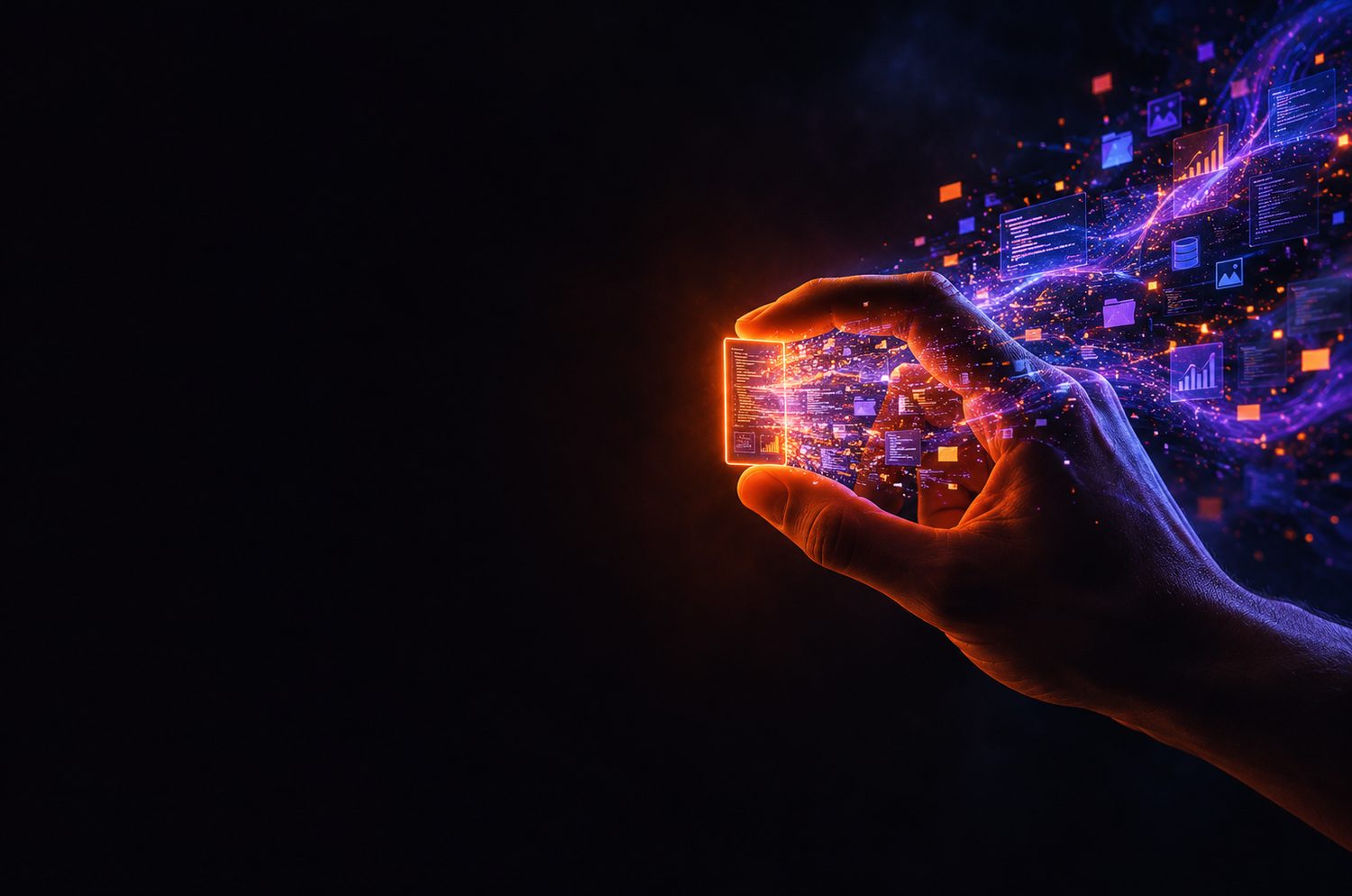 Una mano sosteniendo una pequeña pantalla luminosa que se disuelve en un flujo de datos, gráficas y fragmentos de interfaz