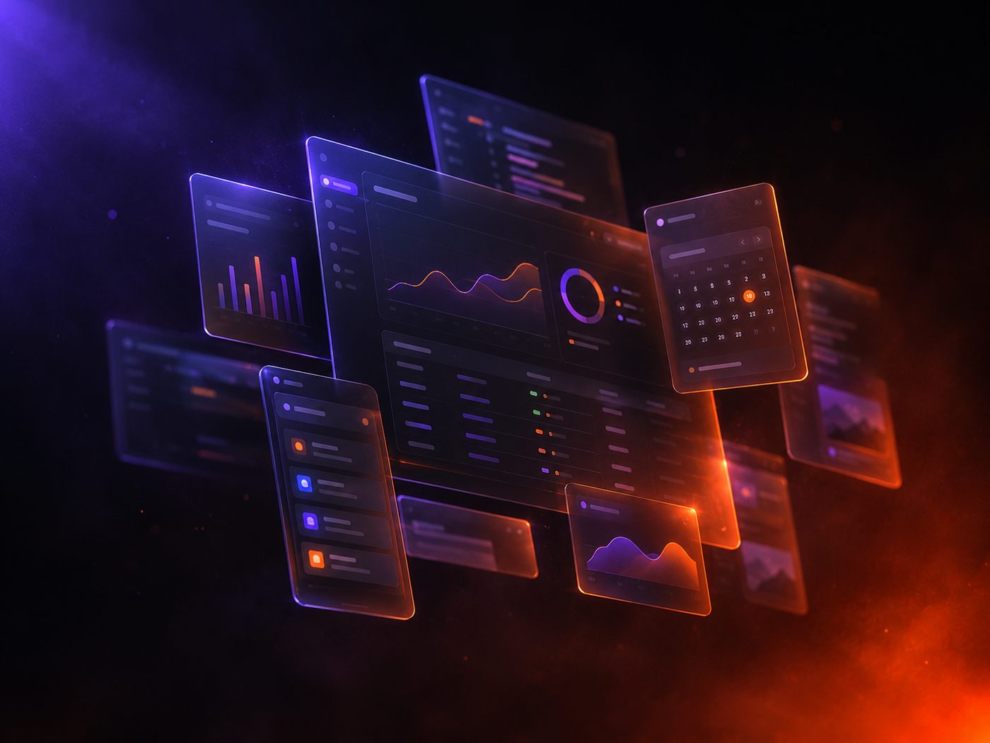 Paneles de dashboard translúcidos flotando en la oscuridad — gráficas, una tabla de datos y un calendario, iluminados en naranja y violeta