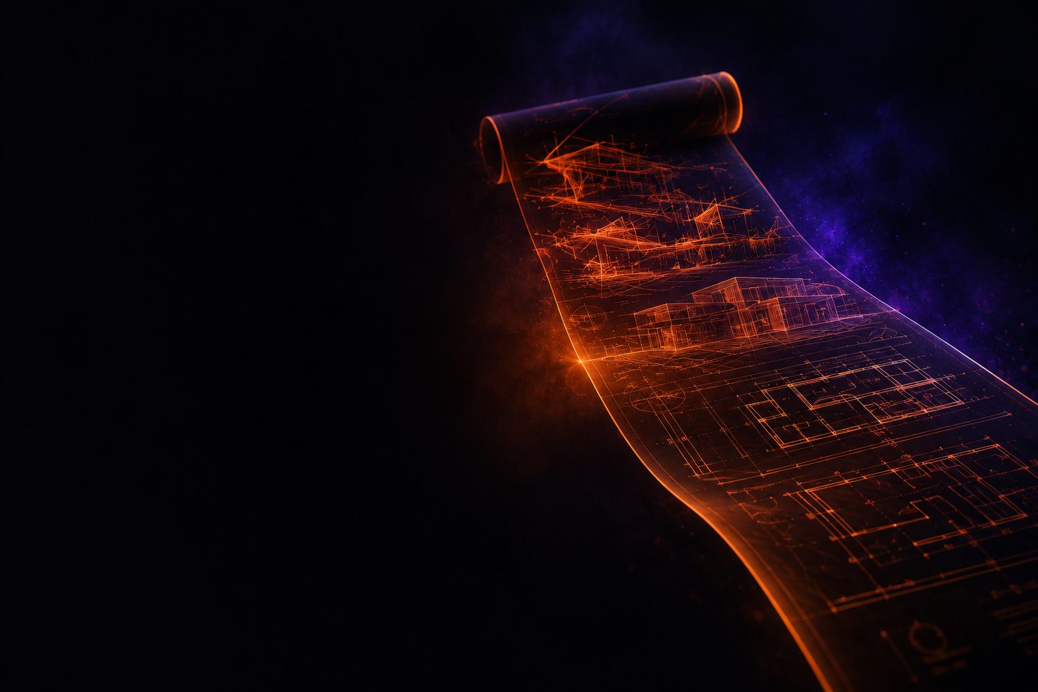 Un plano largo desenrollándose en la oscuridad, con líneas naranjas que pasan del boceto suelto a la geometría terminada